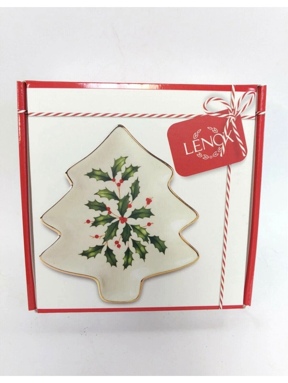 Lenox Christmas Tree Plate 5.75 Inch Porcelain Holly Berries Gold Trim Holiday